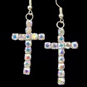 AB Rhinestone Cross Dangle Earrings PRONG SET